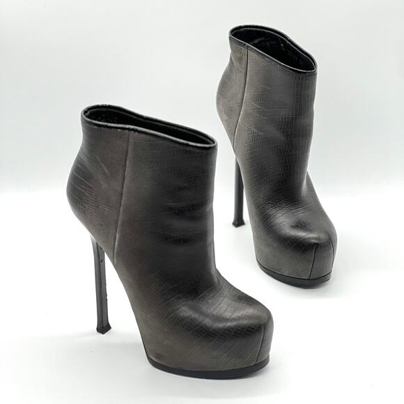 YSL YVES SAINT LAURENT Shoes Women 38 Gray Tribtoo Lizard Emboss Platform Boot - Picture 1 of 13